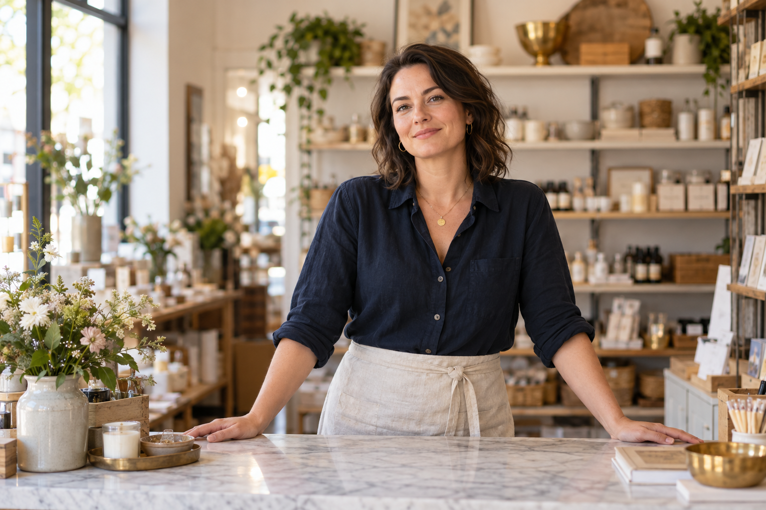 Illustration of a small business owner in a neighborhood shop
