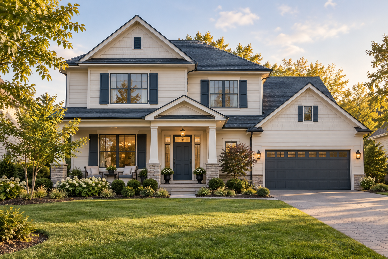 Illustration of a two-story house with a landscaped front yard